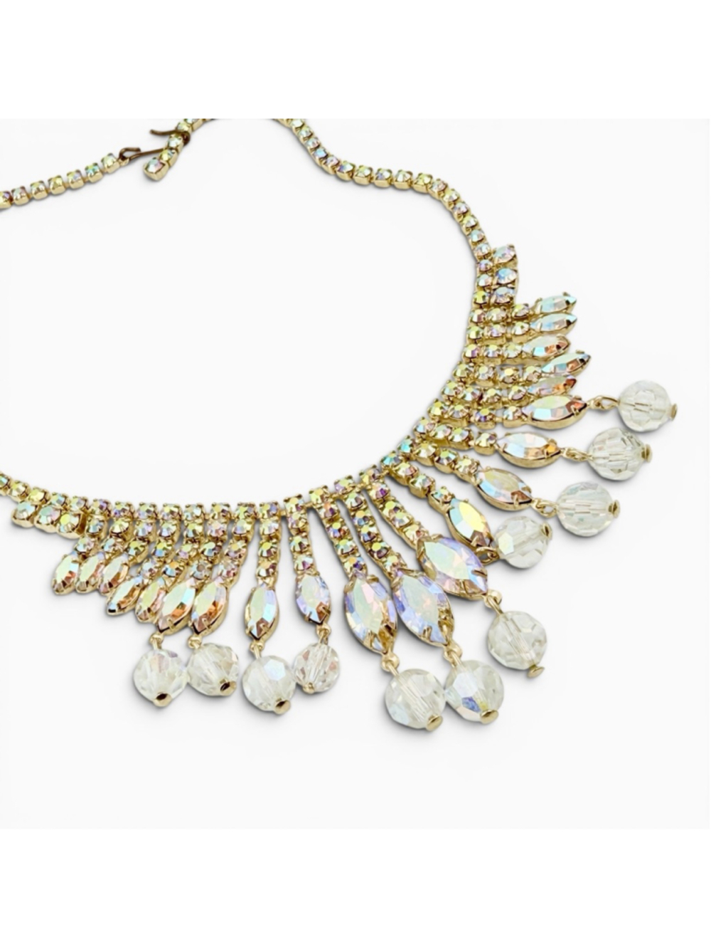 Vintage Aurora Borealis Rhinestone Necklace Gold Tone Fringe Bib Austrian Style - Picture 3 of 9